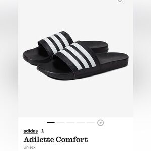 NWT in box Adidas Black and White Striped Slides. Unisex mens 9/womens 10.